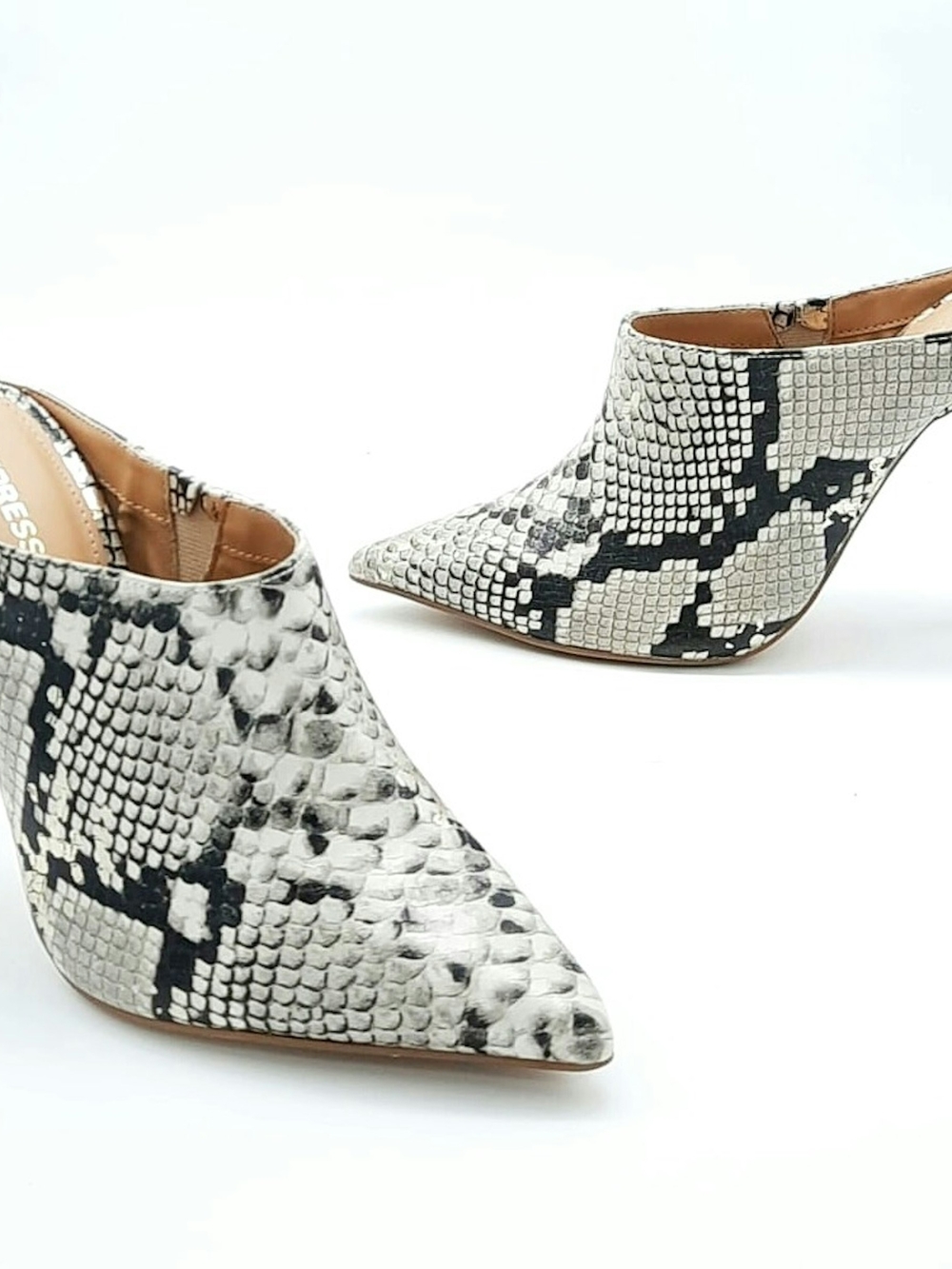 Women's Pointed Toe Snake-Print Mule Booties - White/Black